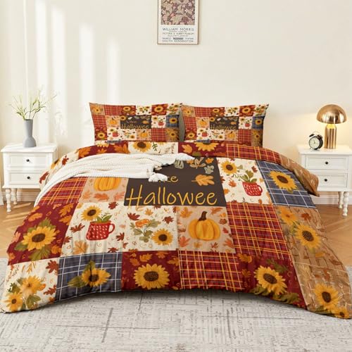 Halloween Bettbezug Einfaches Kürbis-Patchwork Wende-Design Bettwäsche Set 135 x 200 cm Bräunlich Rot Bettbezug für Kinder Jungen Mädchen Herbst Zuhause Raumdekor von Generic