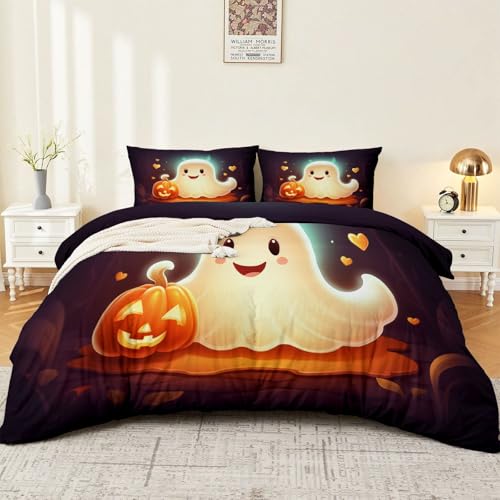 Halloween Bettbezug Niedlicher Cartoon-Geist Wende-Design Bettwäsche Set 135 x 200 cm Schwarz Bettbezug für Kinder Jungen Mädchen Herbst Zuhause Raumdekor von Generic