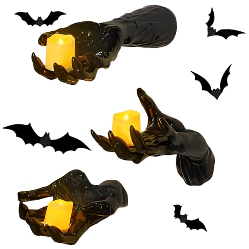 Halloween Dekoration for den Innenbereich, 3er Set Wandmontierte Gruselige Reiche Hände mit Beleuchteten Kerzen, Schwarzer Horror-Hand-Kerzenhalter, Lebensgroße Wandhände for Gothic Wanddeko Outdoor von Generic