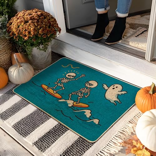 Halloween-Fußmatte, Motiv: Surf-Skelett, blaugrüne Geister-Fußmatte für drinnen und draußen, Halloween-Dekor, rutschfeste Gummi-Eingangsmatten, leicht zu reinigen, 73,2 x 43,2 cm von Generic