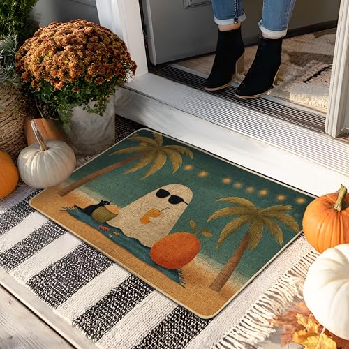 Halloween-Geister-Fußmatte, blaugrün, Strand, Kürbis, Fußmatte für Herbst, Außen- und Innendekoration, Gummi, wasserdicht, rutschfest, staubabsorbierend, leicht zu reinigen, 73 x 43 cm von Generic