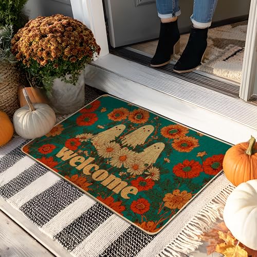 Halloween-Geister-Fußmatte, blaugrünes Blumenmuster, Willkommensmatte für Innen- und Außenbereich, Eingangsbereich, Herbstdekoration, Gummi, wasserdicht, rutschfest, Schmutzfangmatten, pflegeleicht von Generic