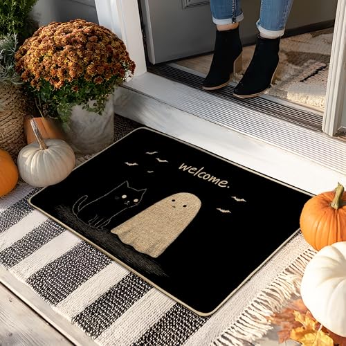 Halloween-Geister- und Katzen-Fußmatte, schwarze Willkommensmatte für den Innen- und Außenbereich, gruselige Dekoration, rutschfeste und leicht zu reinigende Eingangsmatte aus Gummi, 73,2 x 43,2 cm Halloween-Geister- und Katzen-Fußmatte, schwarze Willkommensmatte für den Innen- und Außenbereich, gruselige Dekoration, rutschfeste und leicht zu reinigende Eingangsmatte aus Gummi, 73,2 x 43,2 cm von Generic