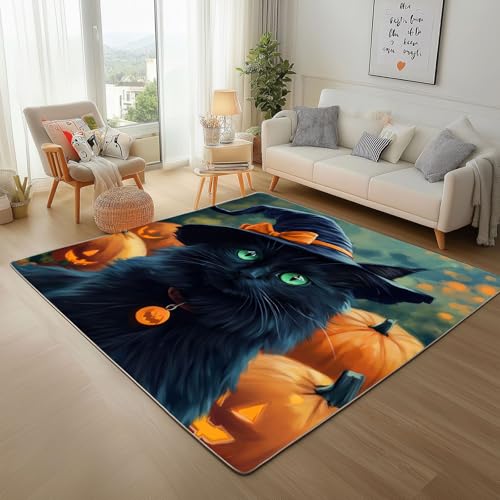 Halloween-Kürbis-Laterne Teppich 200x300cm, Wohnzimmerteppich, Schlafzimmerteppich, Waschbarerteppich, Hexenhut-Tier-Katze Rutschfester Teppich für Küche, Flur, Esszimmer Halloween-Kürbis-Laterne Teppich 200x300cm, Wohnzimmerteppich, Schlafzimmerteppich, Waschbarerteppich, Hexenhut-Tier-Katze Rutschfester Teppich für Küche, Flur, Esszimmer von Generic