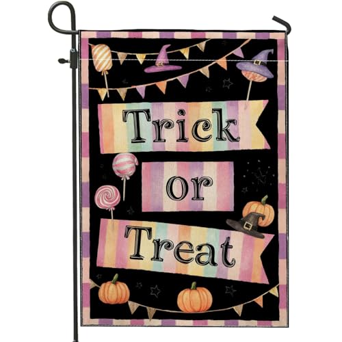 Halloween-Kürbis-Süßigkeiten-Gartenflagge, bunt gestreifte Outdoor-Dekoration, doppelseitiges Jute-Banner für Herbst, Festival, Rasen-Dekoration, 30,5 x 45,7 cm von Generic