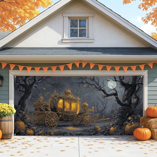 Halloween-Kürbiskutschen-Garagentor-Abdeckung, schwarzes Vintage-Märchen-Design, große Garagentor-Dekorationen, Herbst-Party-Dekoration, 395 x 180 cm von Generic