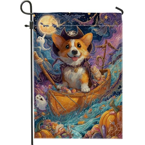 Halloween-Piraten-Corgi-Gartenflagge, bunter Hund mit Kürbissen und Geistern, Outdoor-Dekoration, doppelseitiges Jute-Banner für Herbstparty, Rasendekoration, 30,5 x 45,7 cm Halloween-Piraten-Corgi-Gartenflagge, bunter Hund mit Kürbissen und Geistern, Outdoor-Dekoration, doppelseitiges Jute-Banner für Herbstparty, Rasendekoration, 30,5 x 45,7 cm von Generic