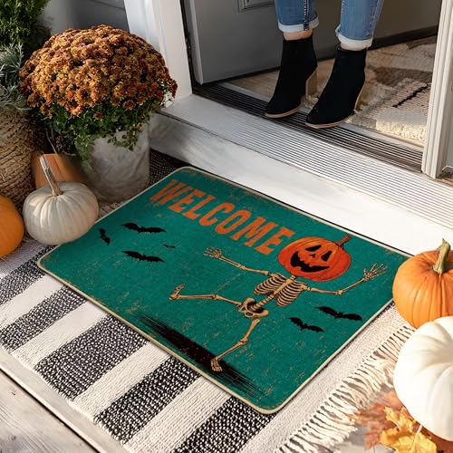 Halloween-Skelett-Fußmatte, blaugrüner Kürbis, Willkommensmatte für Herbstfeste, rutschfester Eingangsteppich, für drinnen und draußen, leicht zu reinigen, 73,2 x 43,2 cm von Generic