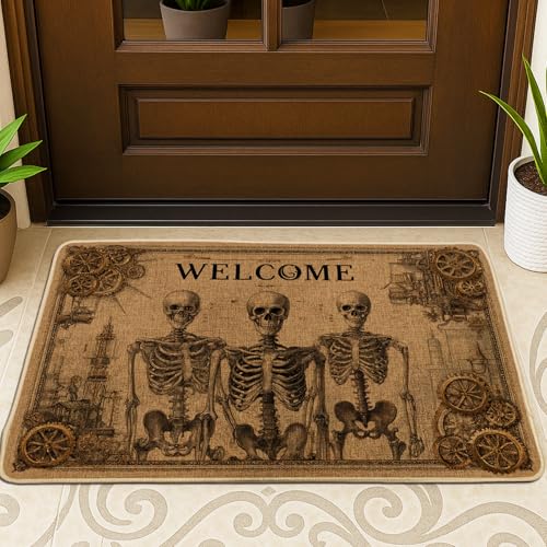 Halloween-Skelett-Fußmatte, rustikaler beigefarbener Eingangsteppich für Innen- und Außendekoration, rutschfestes Design, perfekt für Herbstpartys, 73,2 x 43,2 cm von Generic