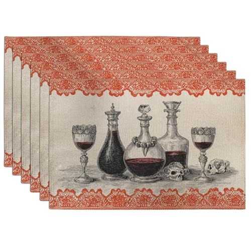 Halloween Vintage Glasflaschen Platzsets, Dunkelrot Dekorative Platzsets für Esstisch rutschfest Waschbar Indoor Outdoor Party Geschirr Set von 6 von Generic