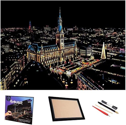 Hamburg City Night View Scratch Art Für Erwachsene, Kratzpapier Regenbogen Malerei Skizzenblöcke DIY Kunst Handwerk Nachtsicht Scratch Board von Generic