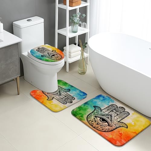 Hamsa Hand-Badematten-Set, 3-teilig, böhmisches buntes Aquarell-Design, saugfähig, rutschfest, WC-Vorleger, U-förmig, waschbar, Sommer, Vintage, schnell trocknend, Memory-Schaum, Badezimmerteppich-Set von Generic