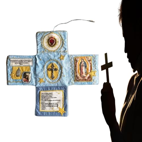 Handcrafted Pocket Devotional – Faith Edition, Catholic Travel Prayer Kit with Cross, Saint Images & Spanish Prayers, Handmade Embroidered Pockets Shrine Quilt (Blue) von Generic