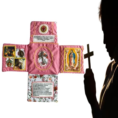 Handcrafted Pocket Devotional – Faith Edition, Catholic Travel Prayer Kit with Cross, Saint Images & Spanish Prayers, Handmade Embroidered Pockets Shrine Quilt (Pink) von Generic