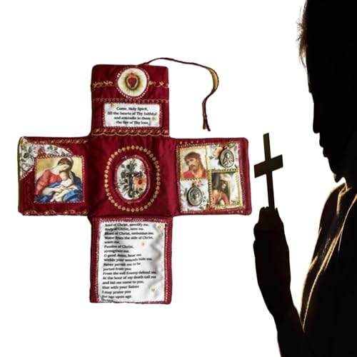 Handcrafted Pocket Devotional – Faith Edition, Catholic Travel Prayer Kit with Cross, Saint Images & Spanish Prayers, Handmade Embroidered Pockets Shrine Quilt (Red) von Generic