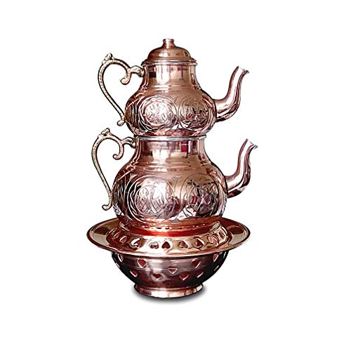 Handgefertigte Kupfer-Teekanne mit Ottomanen-Heizung, authentischer Stil, graviertes Muster, Samowar, Wasserkocher, 3 Stück von Generic