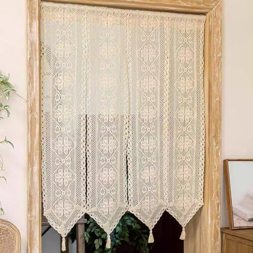 HandgehäKelte Vintage Rustic Hollow Lace TüR Vorhang mit Quasten, Raumteiler Vorhang, Boho Halb Vorhang für Bad, KüChe HandgehäKelte Vintage Rustic Hollow Lace TüR Vorhang mit Quasten, Raumteiler Vorhang, Boho Halb Vorhang für Bad, KüChe von Generic