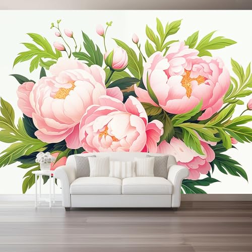 Handgemalte Rosa Pfingstrose Fototapete 400 x 280 cm, Pflanze Wandbild Fototapete für Wohnzimmer Schlafzimmer Wandtapete Vlies Tapete UV-Beständig Montagefertig von Generic
