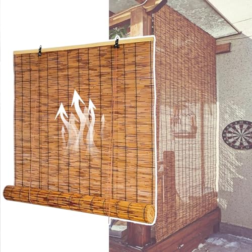 Handgewebtes Bambus Raffrollo Sonnenschutz Sichtschutz Bambus Jalousie Wetterfest Atmungsaktiver Bambusrollo Strohjalousien Lichtfilter Rollläden for Fenster Türen Balkon(130x210CM(WxH)) von Generic