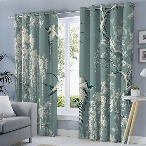 Handgezeichnete Schwalbe Verdunkelungsvorhänge H160 X B140 cm(2Er Pack) Thermovorhang Mit Ösen, Weidenzweige 2Er-Set Gardinen, Grün Geräuschreduzierung Geeignet Für Schlafzimmer Und Wohnzimmer von Generic