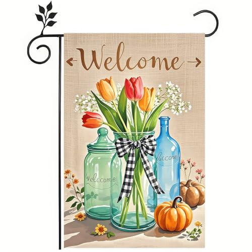 Hausflaggen Willkommen, Einmachgläser Und Tulpen 30X45Cm Banner Robuste Doppelnaht Hofbanner Für Veranda Rasendekoration Alle Jahreszeiten Hausflaggen Willkommen, Einmachgläser Und Tulpen 30X45Cm Banner Robuste Doppelnaht Hofbanner Für Veranda Rasendekoration Alle Jahreszeiten von Generic