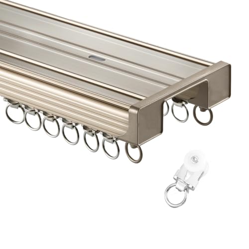 HeavyDuty Doppelläufiges Vorhangschienen-Set Aluminium Decken-Vorhangschienensystem Schiebe GeräUschlose Vorhangstange Für Schlafzimmer Erkerfenster Wohnzimmer(Champagne,130cm) von Generic