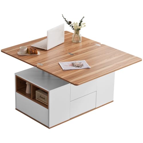 Hebbarer Multifunktions-Couchtisch - Tischplatte öffnet Sich zu 2 Tischen, Weiß + Originalholzfarbe, große Kapazität, Moderne Wohnzimmermöbel, Büro-Esstisch Freizeittisch Multifunktionstisch von Generic