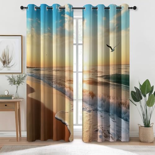 Hellblau Blickdicht Bedruckte Verdunkelungsvorhänge mit Ösen - Natur Realistische Landschaft Strand Muster Thermo Isoliert Vorhänge Gardinen für Schlafzimmer Wohnzimmer, H 260 x B 140 cm (2er Pack) von Generic