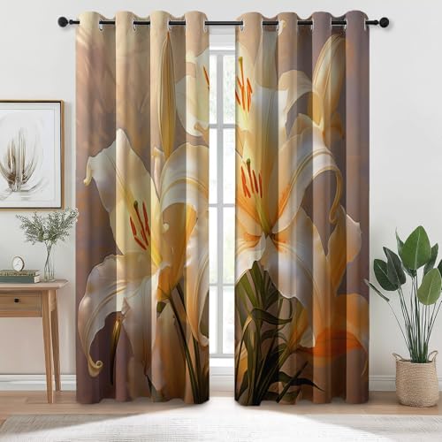 Hellgelb Blickdicht Bedruckte Verdunkelungsvorhänge mit Ösen - Modern Elegant Blumig Lilie Muster Thermo Isoliert Vorhänge Gardinen für Schlafzimmer Wohnzimmer, H 260 x B 140 cm (2er Pack) von Generic