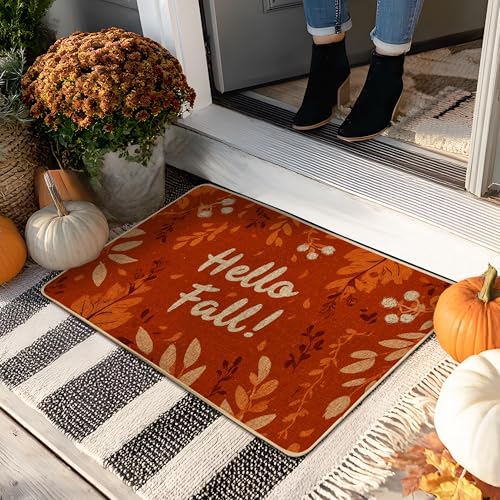 Hello Fall Fußmatte, orangefarbenes Blatt-Design, Matte für den Herbst, Innen- und Außenbereich, Gummi, wasserdicht, rutschfest, leicht zu reinigen, 73,2 x 43,2 cm von Generic