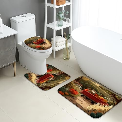 Herbst-Badematten-Set, 3-teilig, Fantasievolle Ernte, LKW, Blumen, saugfähig, rutschfest, U-förmig, waschbar, schnell trocknend, Memory-Schaum, Badezimmerteppich-Set von Generic
