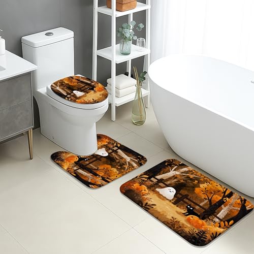 Herbst-Badematten-Set, 3-teilig, Fantasievolle Geister, Katzen, saugfähig, rutschfest, U-förmig, waschbar, für Herbst, Halloween, schnell trocknend, Memory-Schaum, Badezimmerteppich-Set von Generic