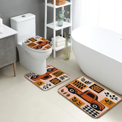 Herbst-Badematten-Set, 3-teilig, Vintage-LKW-Blattmuster, saugfähig, rutschfest, WC-Vorleger, U-förmig, waschbar, gemütlich, schnell trocknend, Memory-Schaum, Badezimmerteppich-Set von Generic