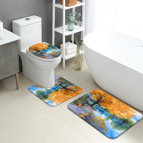 Herbst-Badematten-Set, 3-teilig, bunte Bäume, Landschaft, saugfähig, rutschfest, U-förmig, waschbar, saisonal, schnell trocknend, Flanell-Badezimmerteppich-Set von Generic