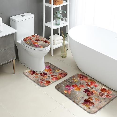 Herbst-Badematten-Set, 3-teilig, bunte Blätter, Schmetterlinge, saugfähig, rutschfest, U-förmig, waschbar, Herbstblumen, schnell trocknend, Flanell-Badezimmerteppich-Set von Generic