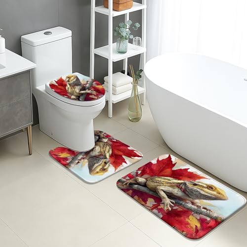 Herbst-Badematten-Set, 3-teilig, bunte Eidechsenblätter, saugfähig, rutschfest, U-förmig, waschbar, saisonal, schnell trocknend, Flanell-Badezimmerteppich-Set von Generic