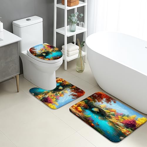 Herbst-Badematten-Set, 3-teilig, bunte Landschaft, saugfähig, rutschfest, U-förmig, waschbar, saisonal, schnell trocknend, Flanell-Badezimmerteppich-Set von Generic