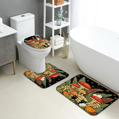 Herbst-Badematten-Set, 3-teilig, bunter Pilzwald, saugfähig, rutschfest, U-förmig, waschbar, von der Natur inspiriert, schnell trocknend, Flanell-Badezimmerteppich-Set von Generic