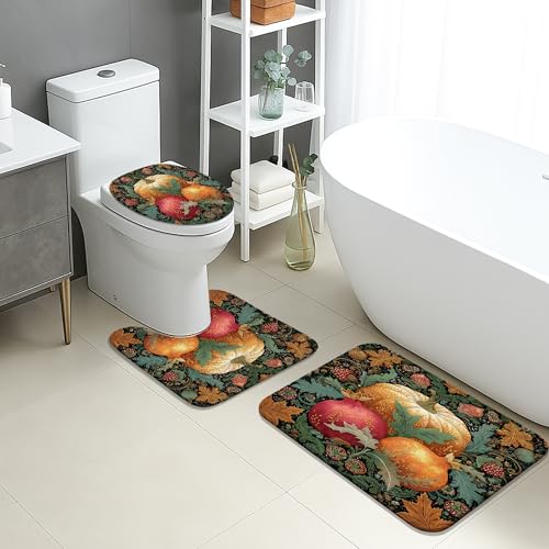 Herbst-Badematten-Set, 3-teilig, buntes Kürbis-Blumenmuster, saugfähig, rutschfest, U-förmig, waschbar, gemütlich, schnell trocknend, Flanell-Badezimmerteppich-Set von Generic