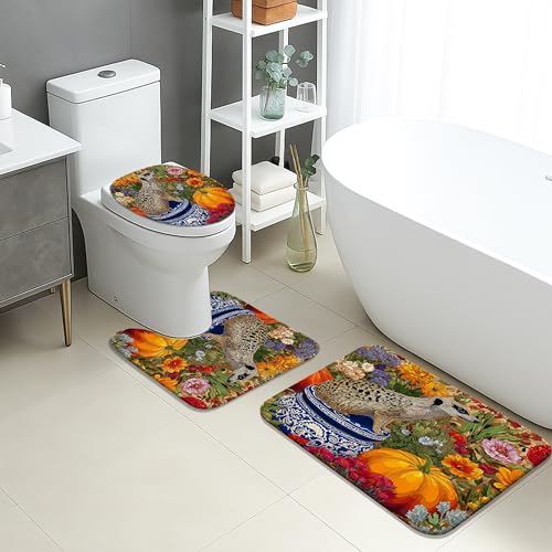 Herbst-Badematten-Set, 3-teilig, buntes Leopardenmuster, saugfähig, rutschfest, U-förmig, waschbar, schnell trocknend, Flanell-Badezimmerteppich-Set von Generic