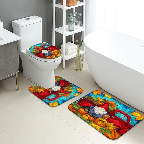 Herbst-Badematten-Set, 3-teilig, buntes Zwerg und Kürbis-Design, saugfähig, rutschfest, U-förmig, waschbar, Herbsternte, schnell trocknend, Memory-Schaum, Badezimmerteppich-Set von Generic