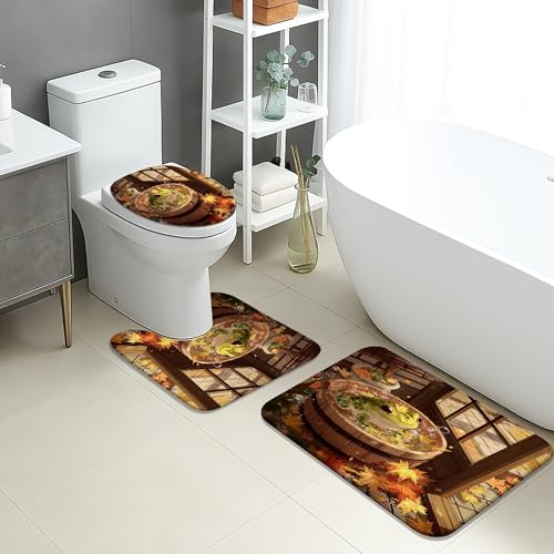 Herbst-Badematten-Set, 3-teilig, gemütlich, Amphibien, Whirlpool-Blätter, saugfähig, rutschfest, U-förmig, waschbar, saisonal, schnell trocknend, Flanell-Badezimmerteppich-Set Herbst-Badematten-Set, 3-teilig, gemütlich, Amphibien, Whirlpool-Blätter, saugfähig, rutschfest, U-förmig, waschbar, saisonal, schnell trocknend, Flanell-Badezimmerteppich-Set von Generic