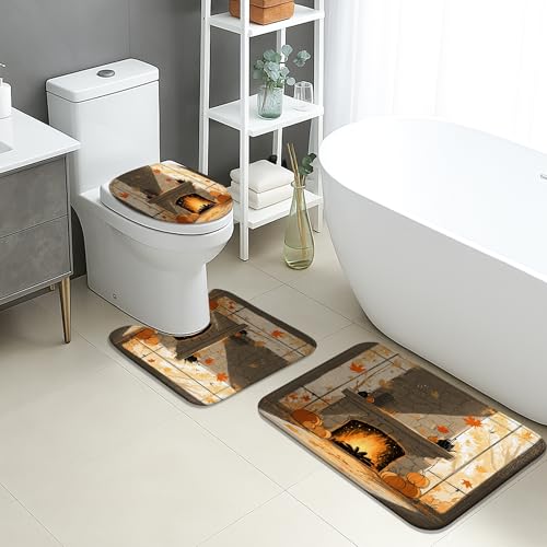 Herbst-Badematten-Set, 3-teilig, gemütlicher Kamin, Kürbisblätter, saugfähig, rutschfest, U-förmig, waschbar, Herbsternte, schnell trocknend, Memory-Schaum, Badezimmerteppich-Set von Generic