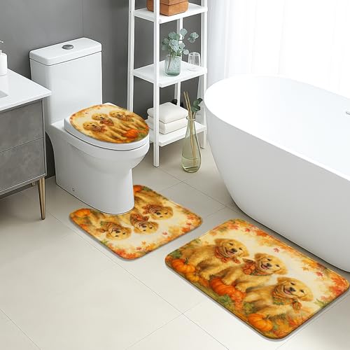 Herbst-Badematten-Set, 3-teilig, goldene Welpen, saisonal, rutschfest, U-förmig, waschbar, Herbstmotiv, saugfähiger Memory-Schaum-Badteppich-Set von Generic