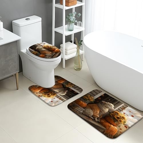 Herbst-Badematten-Set, 3-teilig, niedliches Schaf- und Kürbis-Design, saugfähig, rutschfest, U-förmig, waschbar, Herbsternte, schnell trocknend, Memory-Schaum, Badezimmerteppich-Set von Generic
