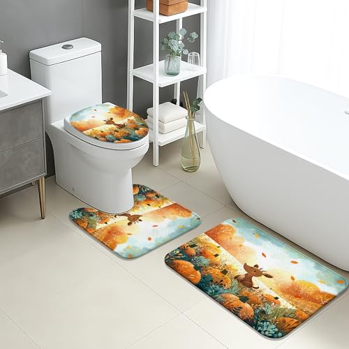 Herbst-Badematten-Set, 3-teilig, niedliches Wald-Hirsch-Design, weich, rutschfest, U-förmig, waschbar, Herbsternte, schnell trocknend, Memory-Schaum-Badteppich-Set von Generic
