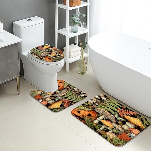 Herbst-Badematten-Set, 3-teilig, rustikale Blätter und Steine, saugfähig, rutschfest, U-förmig, waschbar, von der Natur inspiriert, schnell trocknend, Flanell-Badezimmerteppich-Set Herbst-Badematten-Set, 3-teilig, rustikale Blätter und Steine, saugfähig, rutschfest, U-förmig, waschbar, von der Natur inspiriert, schnell trocknend, Flanell-Badezimmerteppich-Set von Generic