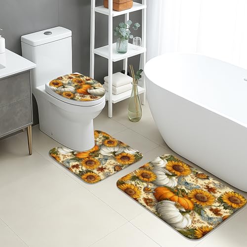 Herbst-Badematten-Set, 3-teilig, rustikale Sonnenblume, Kürbis, saugfähig, rutschfest, U-förmig, waschbar, gemütlich, Blumenmuster, schnell trocknend, Memory-Schaum, Badezimmerteppich-Set von Generic