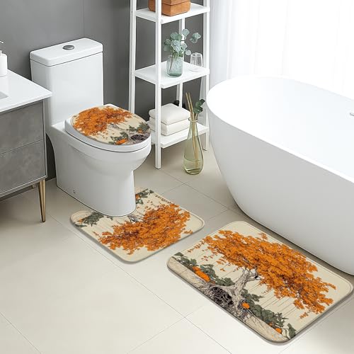 Herbst-Badematten-Set, 3-teilig, rustikale orangefarbene Baumblätter, saugfähig, rutschfest, U-förmig, waschbar, Herbst-Natur, schnell trocknend, Memory-Schaum, Badezimmerteppich-Set Herbst-Badematten-Set, 3-teilig, rustikale orangefarbene Baumblätter, saugfähig, rutschfest, U-förmig, waschbar, Herbst-Natur, schnell trocknend, Memory-Schaum, Badezimmerteppich-Set von Generic