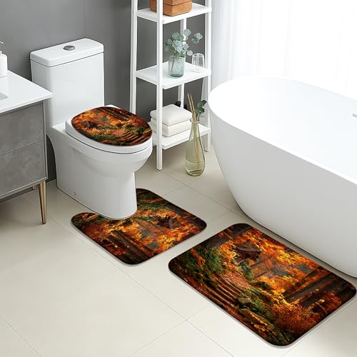Herbst-Badematten-Set, 3-teilig, rustikaler Waldweg, Blätter, saugfähig, rutschfest, U-förmig, waschbar, Herbst-inspiriert, schnell trocknend, Memory-Schaum, Badezimmerteppich-Set von Generic